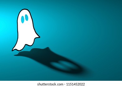 White ghost with shadow silhouette on blue background 3D illustration