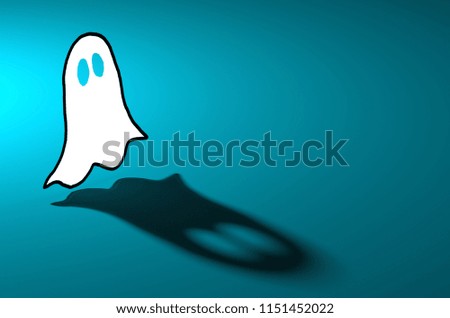 White ghost with shadow silhouette on blue background 3D illustration