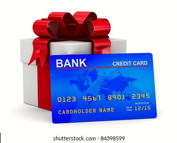 White Gift Box With Credit Card. Isolated 3D Image