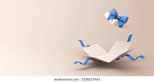 White gift box open or blank present box with blue ribbon and bow isolated on light gray background with shadow and blank space minimal concept 3D rendering - Powered by Shutterstock