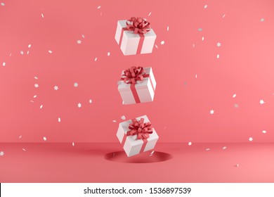 White Gift Box With Red Ribbon Color Floating On Red Background. Minimal Christmas Newyear Concept. 3D Render.