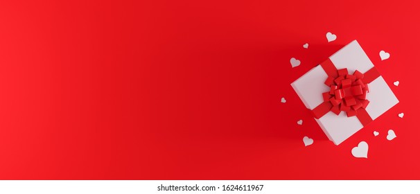 White gift box with red ribbon bow on red background with heart confetti. Christmas present, valentine day surprise, birthday concept. Flat lay, top view. Present concept 3d rendering
 - Shutterstock ID 1624611967