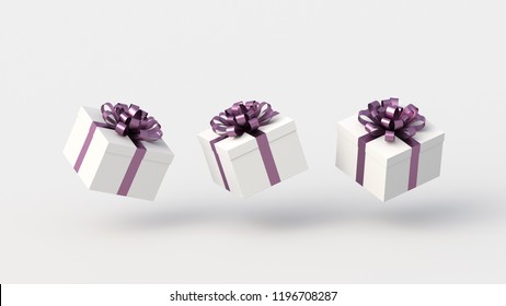 White gift boxes with purple ribbon, on white background. Concept for women and holidays. 3D Rendering - Powered by Shutterstock