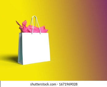 white gift shopping bag mock up in a yellow violet gradient background with space for text. 3d render.