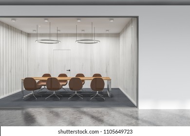 White And Glass Wall Office Conference Room With A Long Table And Brown Chairs Standing Near It. Concept Of Communication. 3d Rendering Mock Up