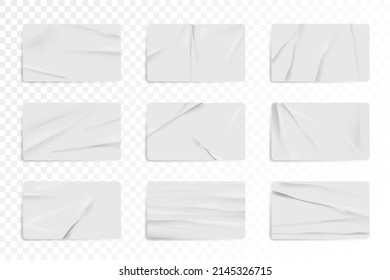 White Glued Crumpled Rectangle Sticker Mockup Set. Blank Paper Or Plastic Sticker Label Tag With Wrinkled Texture And Creased Effect Illustration Isolated On Transparent Background