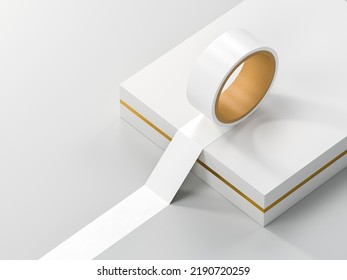 White And Gold Cardboard Box And A White Roll. View From Above. Mock Up. 3d Rendering