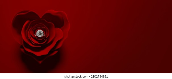 A white gold engagement ring with diamonds lying in the middle of a rose flower with heart-shaped petals. Elegant wedding background. 3D render illustration.