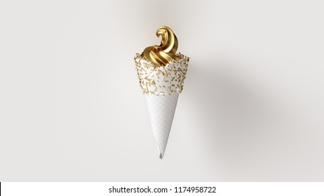 White Gold Leaf Ice Cream With White Icing And Gold Sprinkles 3d Illustration