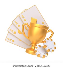 White and gold poker-themed setup with a trophy, four aces, and poker chips, symbolizing victory and gambling. 3D render illustration - Powered by Shutterstock