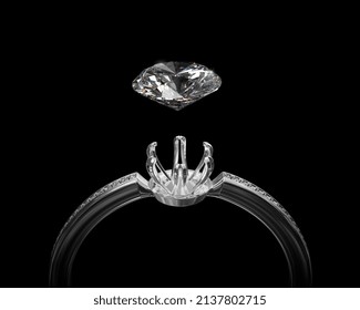 White Gold Or Silver Ring Without Gemstone And Round Diamond With Reflection On A Black Background. 3D Render