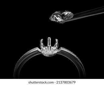 White gold or silver ring without gemstone and Excellent cut diamonds held by tweezers on a black background. 3d render