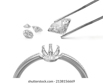 White gold or silver ring without gemstone and Excellent cut diamonds held by tweezers on a white background. 3d render - Powered by Shutterstock