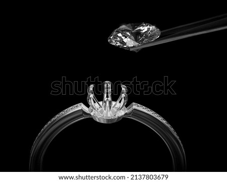 White gold or silver ring without gemstone and Excellent cut diamonds held by tweezers on a black background. 3d render
