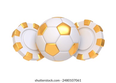 White and gold soccer ball flanked by two matching poker chips, representing sports and gambling themes. 3D render illustration - Powered by Shutterstock