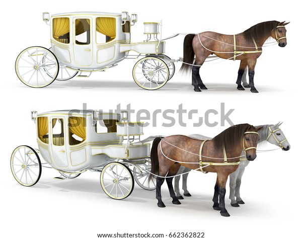 白い金色の馬車が二頭の馬に引かれた白い背景に3d画像のセット のイラスト素材