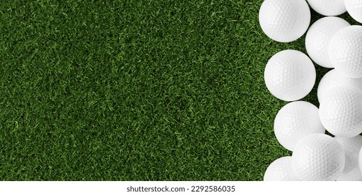 White golf ball borderright edge of the frame over green grass background with copy space top view from above, 3D illustration - Powered by Shutterstock