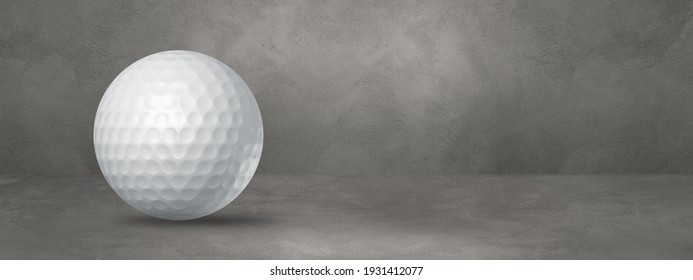 White Golf Ball Isolated On A Concrete Studio Banner. 3D Illustration