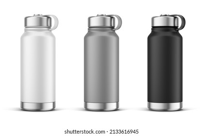 White Gray and Black Thermos Bottles. Aluminium Thermos Bottle on White Background. 3d rendering mockup for your design logo