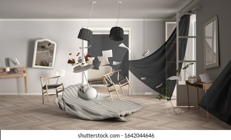 White And Gray Living Room, Home Chaos Concept With Chairs And Table, Windows And Curtains, Broken Vase, Furniture And Other Accessories Flying In The Air, Explosion, Gust Of Wind, 3d Illustration