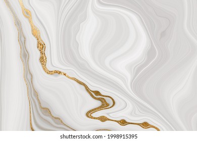 White And Gray Marble Gold Veined Texture. Light Agate Ripple Background.