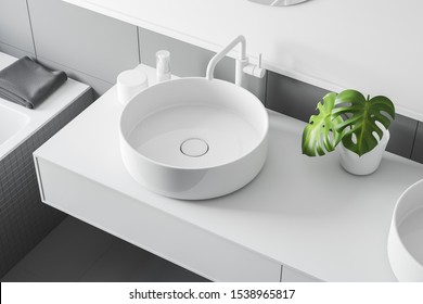 White And Gray Modern Bathroom Interior With Sink On A White Shelf, Potted Plant. Close Up. 3d Rendering.