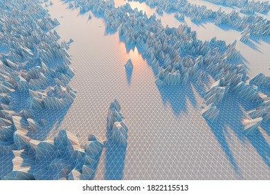 White And Gray Polygonal Triangle Geometric 3d Texture Come Together To Resemble An Icy Landscape. Concept Images That Technology In The Digital Age Can Create A Virtual World.