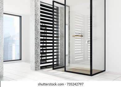 White And Gray Tiles Bathroom Interior With A White Floor And Walls, A Glass Shower Stall Near A Large Window And Black Shutters. 3d Rendering