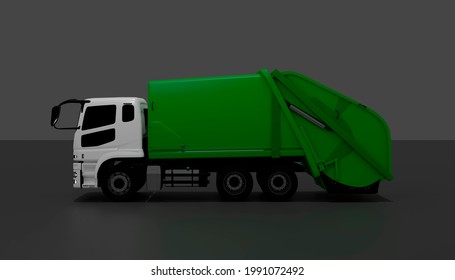 White And Green Garbage Truck Isolated In Dark Background. 3d Render Illustration. Concept For City Clean; Garbage Collect; Rubbish; Municipal Work; Enviroment Care.