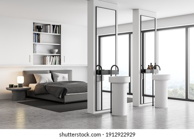 White and grey bedroom with bed and two sinks and mirrors, side view. Plant in the corner and bookshelf in the wall near window, 3D rendering no people