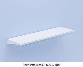 White Grocery Retail Shelf With Shelf Talker. Isolated On Blue Background Design Template For Mock Up. Side View 3d Rendering Design For Display Product Object In Supermarket