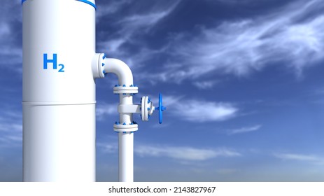 White H2 Hydrogen Gas Tank In Front Of A Blue Sky. 3d Illustration.