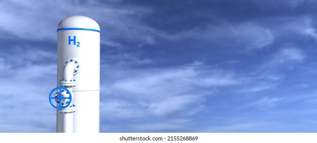 White H2 Hydrogen Gas Tank In Front Of A Blue Sky. 3d Illustration.