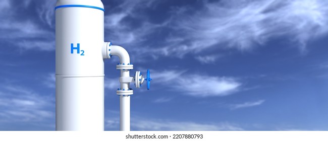 White H2 Hydrogen Gas Tank In Front Of A Blue Sky. 3d Illustration.