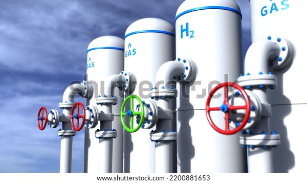 White H2 hydrogen and gas tanks in front of\
a blue sky. 3d\
illustration.