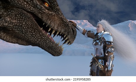 White Haired Female Warrior Knight Petting The Dragon Against The Backdrop Of Snow Capped Mountains. Fantasy Artwork Scene. CGI Animation 3d Rendering.