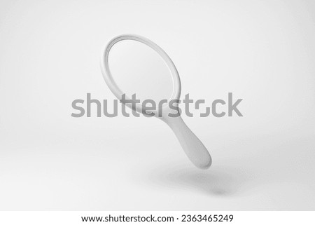 White hand mirror floating in mid air on white background in monochrome and minimalism. 3D illustration of the concept of personal grooming and makeup application