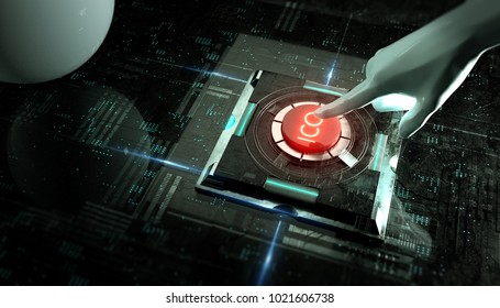 White Hand Push ICO Launch Red Button In Abstract Virtual Tech Background. Initial Coin Offer 3d Render Concept