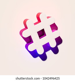 White Hashtag Icon. 3D Illustration Of White Hash, Hash Mark, Hashtag, Tag, Topic, Trending Icons With Pink And Blue Gradient Shadows.