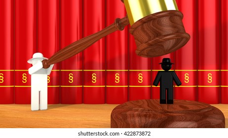 White Hat Hacker Uses A Wooden Gavel To Smash A Black Hat Cybercrime 3D Illustration