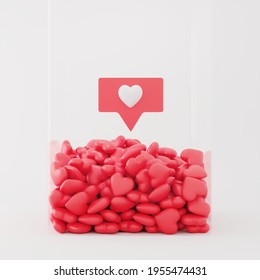 White Heart shape Floating on Red color heart shape Overlap in glass box on white background. Minimal idea concept. 3D Render.