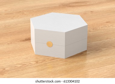 White Hexagon Gift Box Isolated On Wooden Background. 3d Render