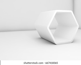 White hexagonal installation in empty room, 3d render illustration