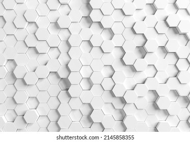 White hexagons background pattern on textured metallic surface. Abstract hexagonal honeycomb graphic wallpaper 3D rendering