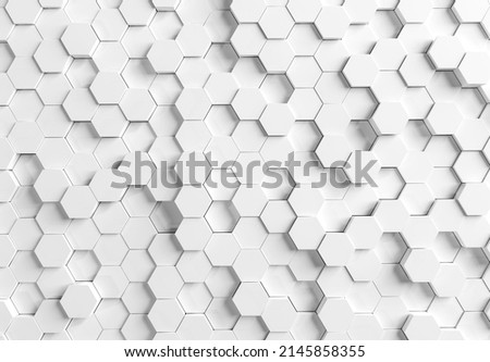 White hexagons background pattern on textured metallic surface. Abstract hexagonal honeycomb graphic wallpaper 3D rendering