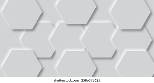 White hexagons of different sizes overlapping background. Futuristic abstract simple shapes background. Abstract white hexagonal shapes on a light grey background.