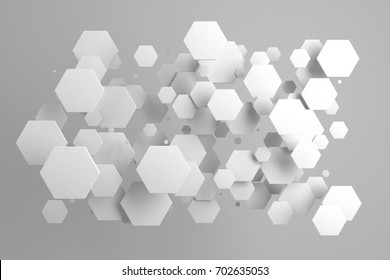 White hexagons of random size on white background. Abstract background with hexagons. Cloud of hexagons in front of wall. 3D rendering illustration