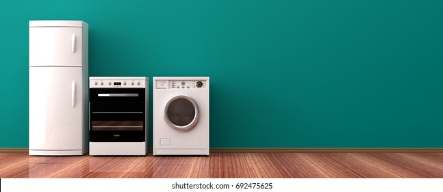 White Home Appliances On A Wooden Floor. 3d Illustration