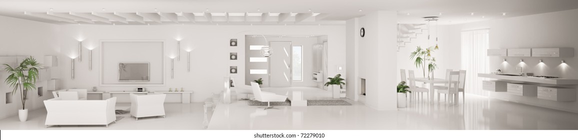 White home interior of modern apartment living room kitchen hall panorama 3d render