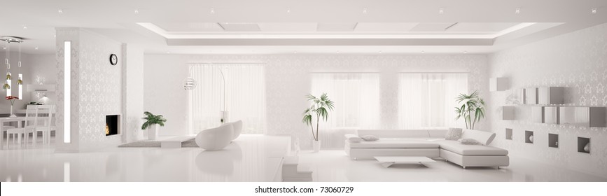 White home interior of modern apartment living room kitchen panorama 3d render